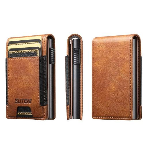 Suteni Brown Oil Wax Pattern Card Box with Auto Pop-Out Button - 1