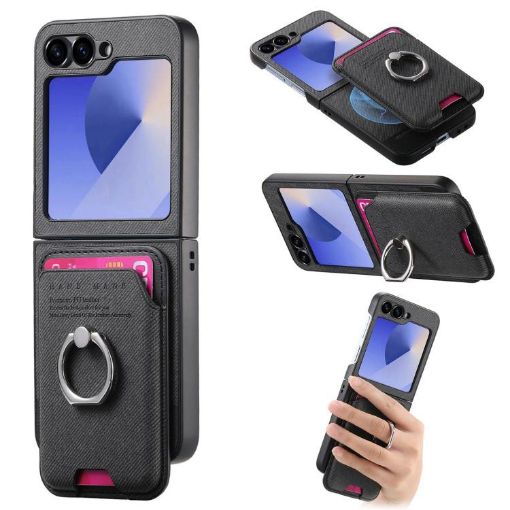 Samsung Galaxy Z Flip6 5G Twill Fabric Card Bag Ring Case (Black) - 1