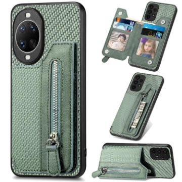 Huawei nova 14 Pro Green Carbon Fiber Flip Zipper Wallet Phone Case - 1