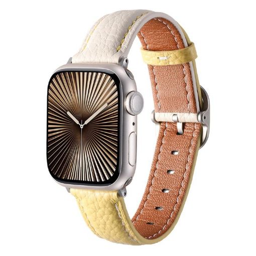 Apple Watch Band 42/41/40/38mm Square Buckle Litchi Leather White Yellow - 1