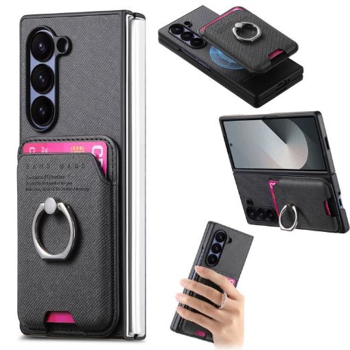 Samsung Galaxy Z Fold6 5G Twill Fabric Card Bag Ring Case (Black) - 1