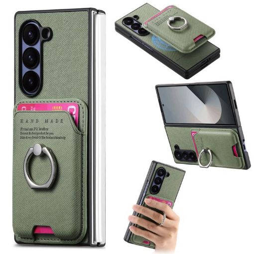 Samsung Galaxy Z Fold6 5G Green Twill Fabric Card Bag Ring Case - 1