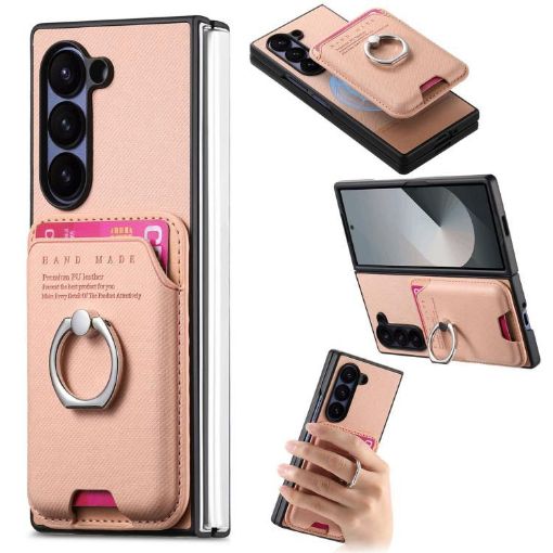Samsung Galaxy Z Fold6 5G Pink Twill Fabric Card Bag Ring Case - 1