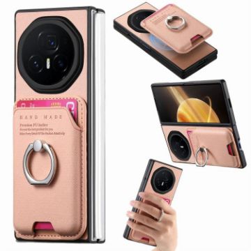 For Honor Magic V3 Pink Twill Fabric Card Bag Ring Phone Case - 1