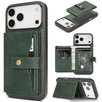 iPhone 17 Pro Max Green Leather Case with MagSafe Ring & Card Bag - 1