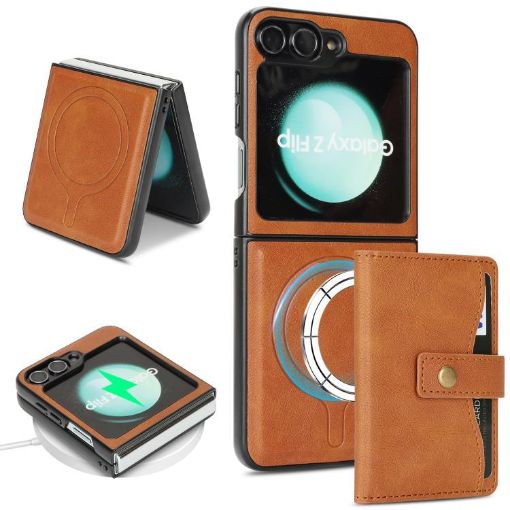 Samsung Galaxy Z Flip6 Brown Leather Case with MagSafe & Card Holder - 1