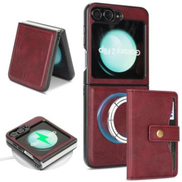 Samsung Galaxy Z Flip6 Red Leather Case with MagSafe & Card Holder - 1
