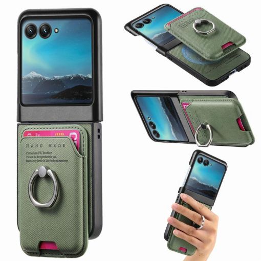 Moto Razr 40 Ultra Green Twill Fabric Card Bag Ring Magnetic Case - 1