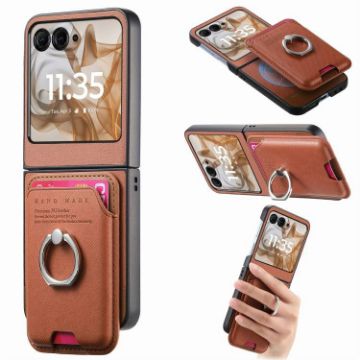 Moto Razr 50/60 Brown Twill Fabric Card Bag Ring Magnetic Case - 1