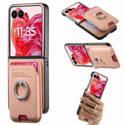 Moto Razr 50 Ultra Pink Twill Fabric Card Bag Ring Magnetic Case - 1