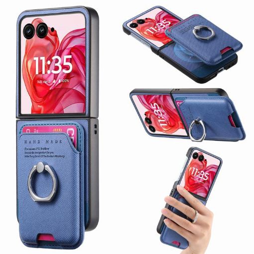 Moto Razr 50 Ultra Blue Twill Fabric Card Bag Ring Magnetic Case - 1