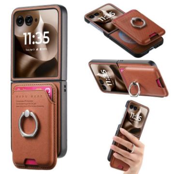 Moto Razr 60 Ultra Brown Twill Fabric Card Bag Ring Magnetic Case - 1