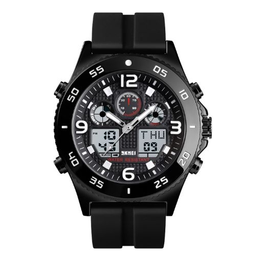 SKMEI 1538 Men's Sports Watch, Large Dial, Black Silicone Belt - 1