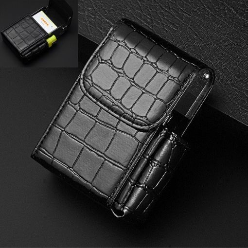 Stone Pattern Black PU Leather Cigarette, Lighter & Business Card Case - 1