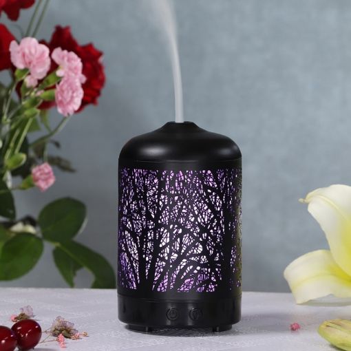 Black Metal Tree Air Humidifier & Essential Oil Diffuser with LED Lamp, EU Plug - 1