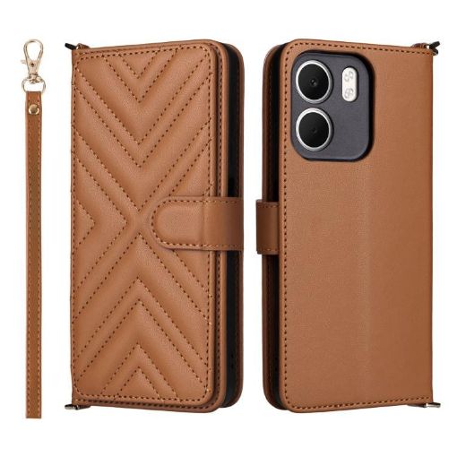 OPPO A5x 5G/4G Leather Phone Case with 6-Card Slots & Wrist Strap Brown - 1