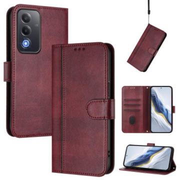 OPPO A5 5G Retro Leather Phone Case, Wine Red, Global Line Splicing - 1