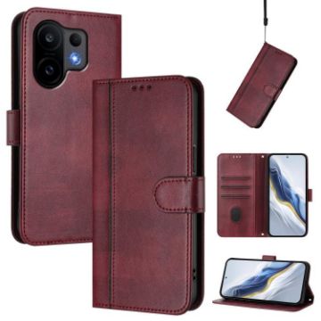Vivo S30 Retro Leather Phone Case, Wine Red, Line Splicing Buckle - 1