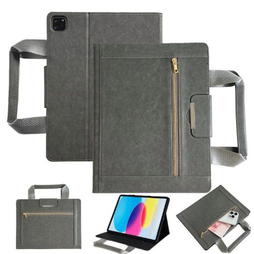 iPad Pro 13 2024 Grey Retro Leather Tablet Case with Zipper Handle - 1