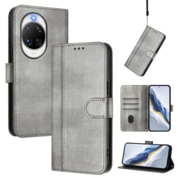 Huawei nova 14 Ultra Retro Leather Phone Case, Grey, Line Splicing Buckle - 1