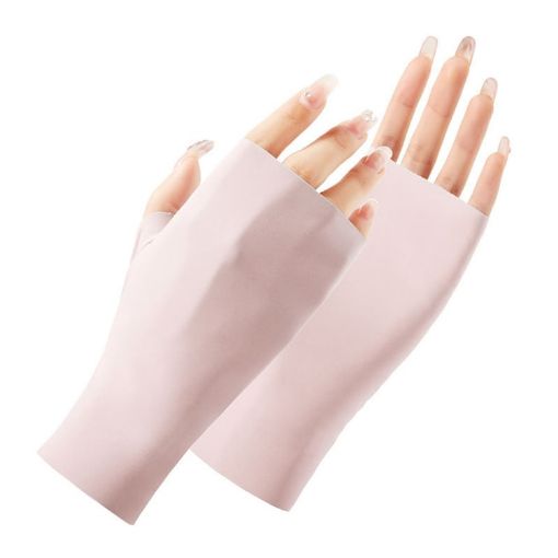Ladies Half Finger Ice Silk Sunscreen Gloves, Linked Finger, Pink - 1