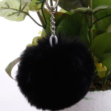 Black Fur Ball Pompon Keychain - Artificial Rabbit Fur Key Ring - 1