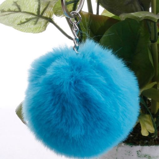 Lake Blue Fur Ball Pompon Keychain - Artificial Rabbit Fur Key Ring - 1