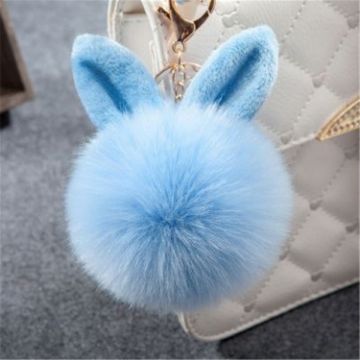 Blue Fur Pom Keychains - Fake Rabbit Fur Ball Keychain - 1