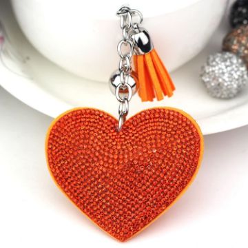 Orange Heart Keychain Leather Tassel Gold Key Holder Crystal Charm Gift - 1