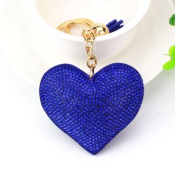 Blue Heart Keychain Leather Tassel Gold Key Holder Crystal Keyring Gift - 1