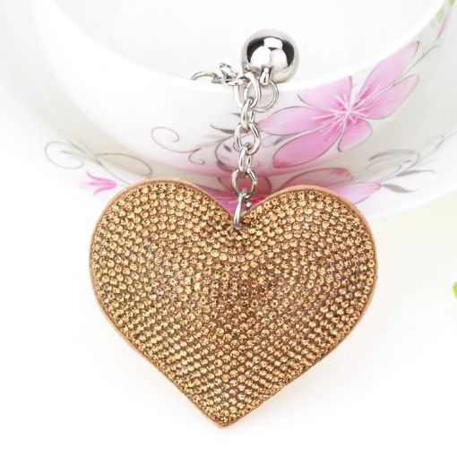 Gold Heart Keychain with Leather Tassel and Crystal Charm Keyring - 1