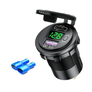 12V Car USB Charger with Voltage Display PD QC3.0 Socket Green Light - 1