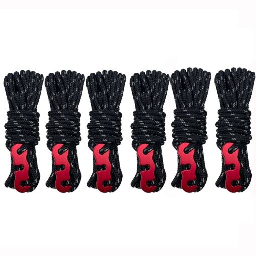Luminous Tent Wind Rope with S Buckle - 4m x 6 Rolls, Black - 1