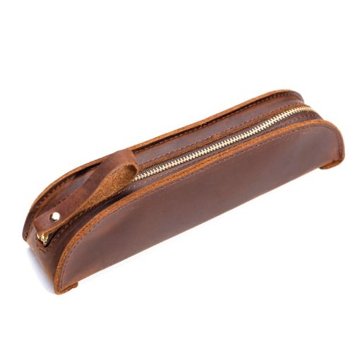 Vintage Handmade Genuine Leather Zipper Pencil Case Brown W-T18 - 1