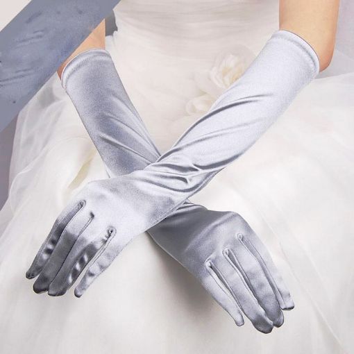 Satin Long Vintage Bride Gloves - Silver White Wedding Sunscreen - 1