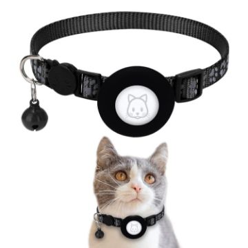 Reflective Black Cat Collar with Bell for Airtag Tracker - 1