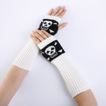 White Jacquard Skull Fingerless Knit Ski Gloves - Warm Winter Accessory - 1