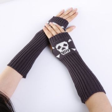 Deep Gray Jacquard Skull Fingerless Knit Ski Gloves - Warm Winter Wear - 1