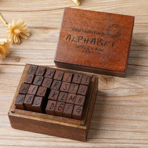 Vintage Wooden Alphabet & Number Stamps Set - 28PCS Cursive Capital - 1