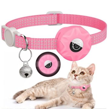 Luminous Pink Silicone AirTag Tracker Case Reflective Cat Collar with Bell - 1