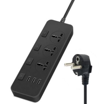 T14 2m 2500W Socket with 3 Plugs & 3 USB Ports, EU Plug, Black - 1