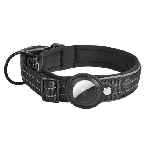 XL Black Reflective Dog Collar with Neoprene Lining for AirTag Tracker - 1