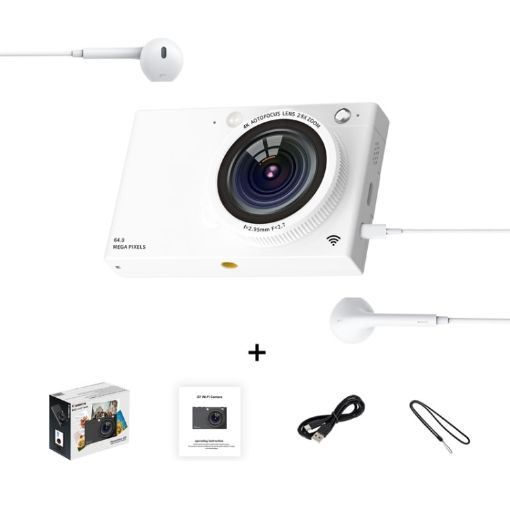 64MP HD CCD Digital Camera with WiFi, White + Headphone Cable - 1