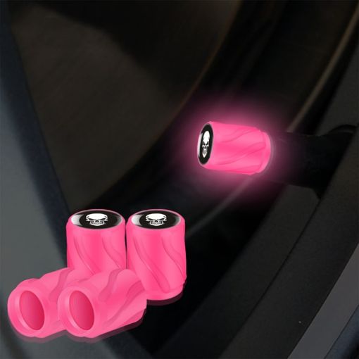 Luminous Tire Valve Caps 4pcs Set - Pink White Skull for Car/Motorcycle - 1