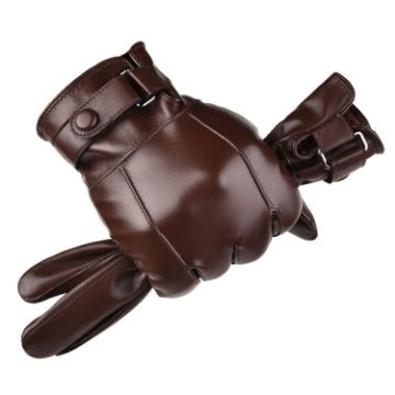 Men's Brown PU Leather Gloves - Warm Velvet, Touchscreen, One Size - 1