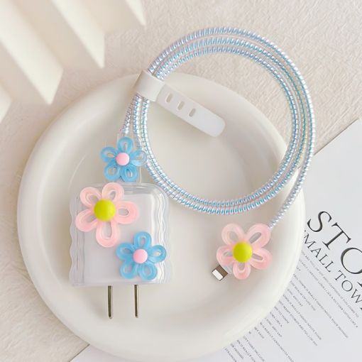 Flower Shape Charger Case & Cable Biter for Apple 18W/20W - Pink/Blue - 1