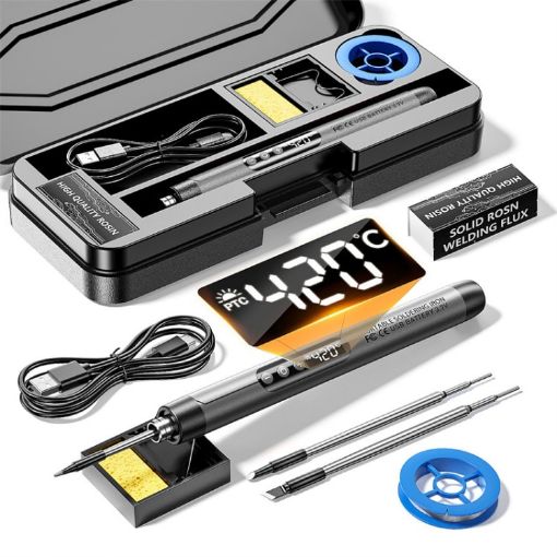 USB Digital Display Soldering Iron Set, 5-Speed Temp, 3 Heads, Gray - 1