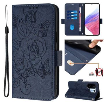 Vivo S30 Pro Mini Dark Blue Embossed Rose RFID Leather Phone Case - 1