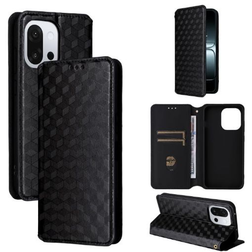 OnePlus 13T Flip Leather Phone Case - Black Cubic Grid Texture - 1