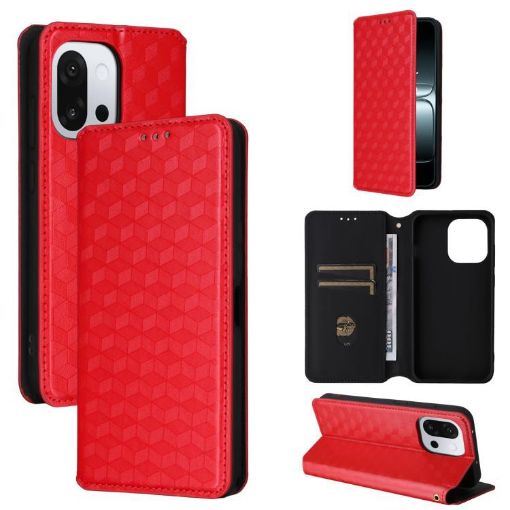 OnePlus 13T Red Flip Leather Phone Case with Cubic Grid Texture - 1